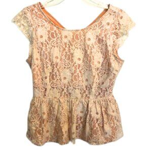 Anthropologie Maeve Katrine Lace Peplum Top Cap Sleeve Lined Blouse Nude Small